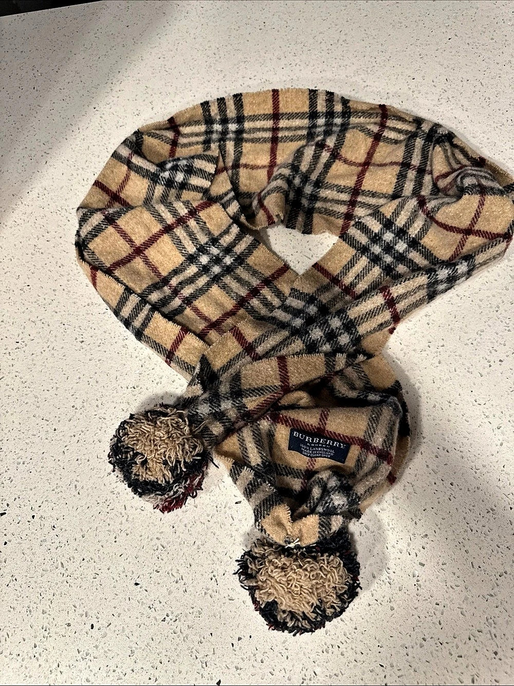 Burberry Vintage Check Lambswool Scarf with Pom Poms
